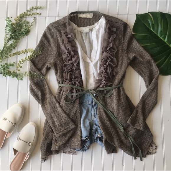 Anthropologie Sweaters - Anthropologie A’ reve cardigan ruffle lace tie tan